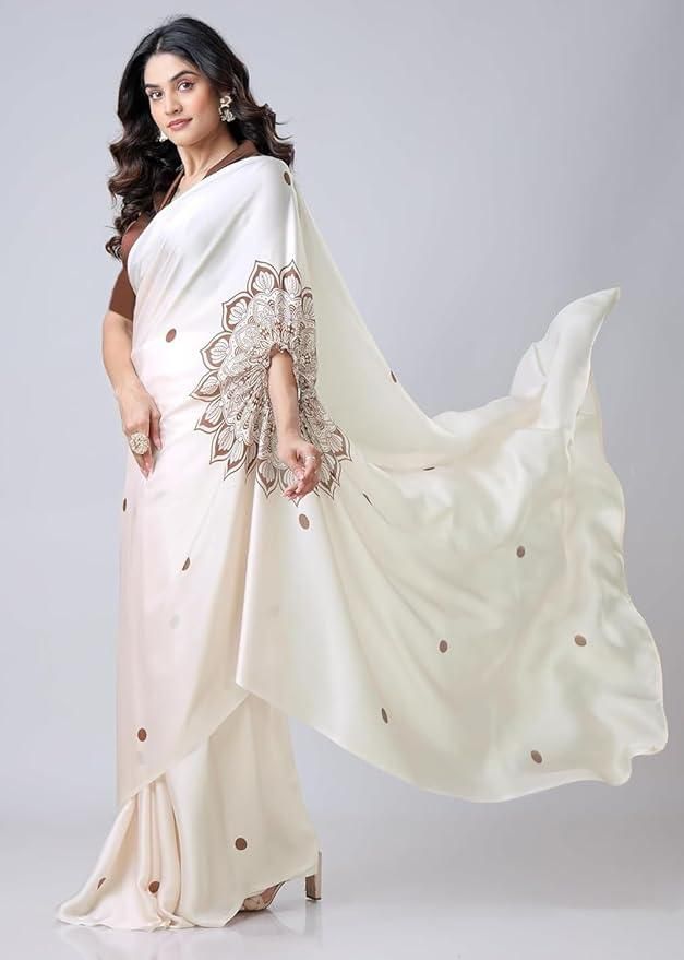 Satin Silk Printed Kaftan Saree with Unstitched Blouse – Elegant Contemporary Drape